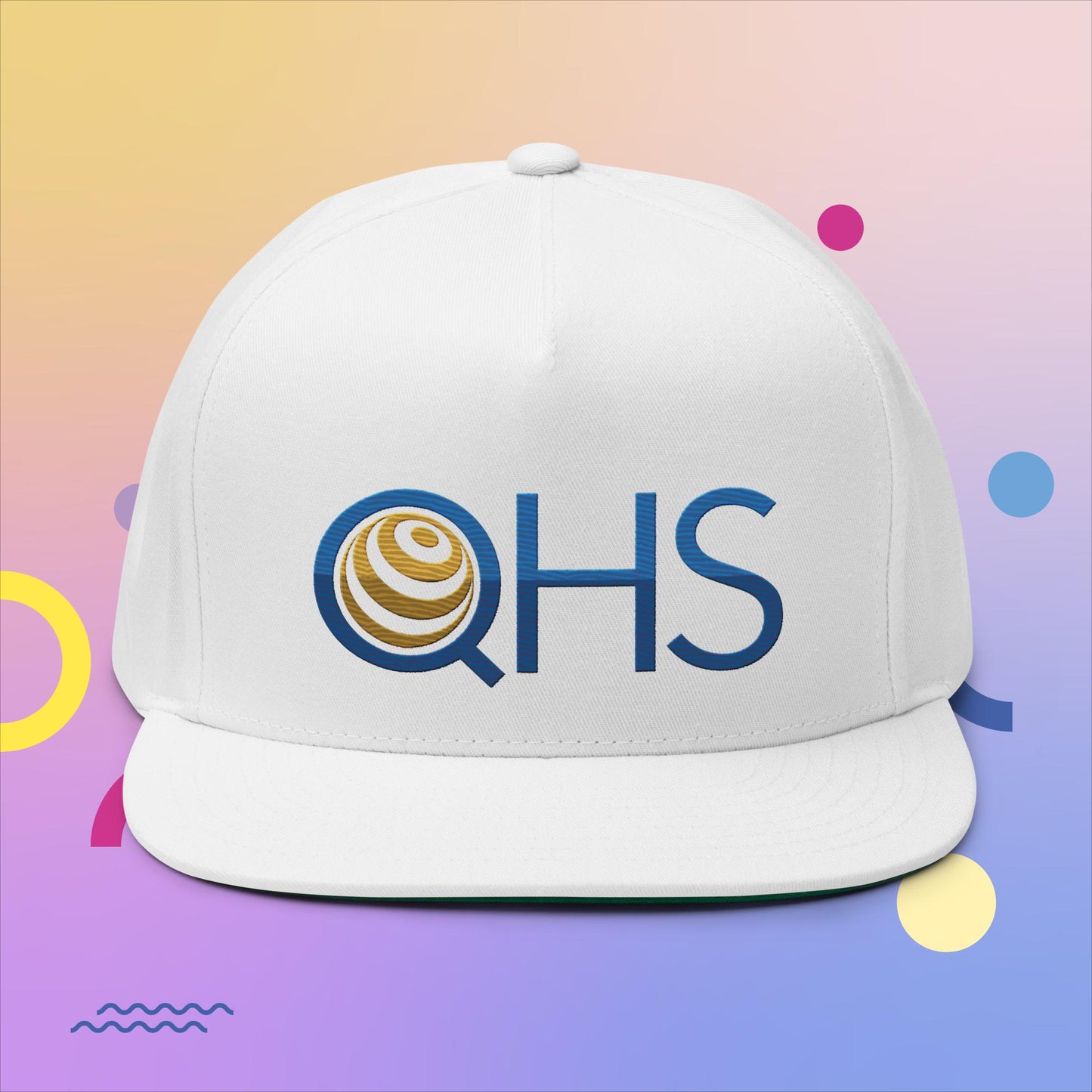 QHS Embroidered, White Flat Bill Cap